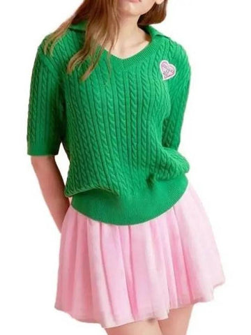 Falling In Golf V-neck Collar Cable Knit Green - GOXO - BALAAN 1