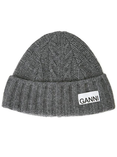 Logo Cable Knit Beanie Grey - GANNI - BALAAN 2