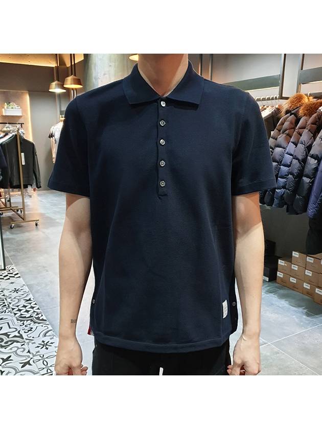 Men's Cotton Pique Center Bag Striped Short Sleeve Polo Shirt  Navy - THOM BROWNE - BALAAN 3