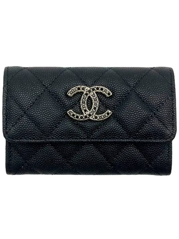 Shiny Grained Calfskin Strass Flap Card Wallet Black - CHANEL - BALAAN 1