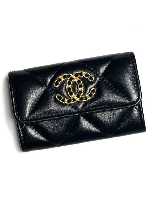 Nineteen Gold CC Logo Lambskin Flap Card Wallet Black - CHANEL - BALAAN 3