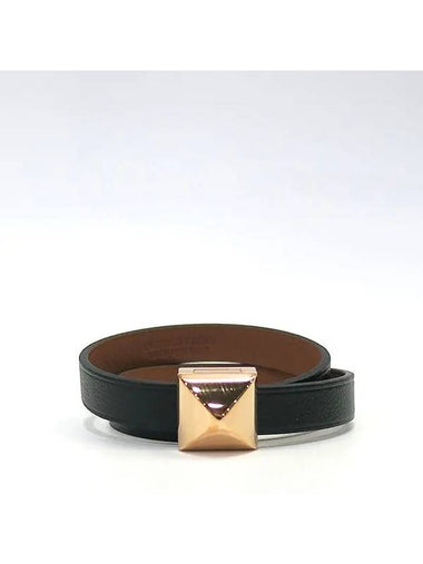 Black leather pink gold plated M 233 dor Infini Double Tour bracelet - HERMES - BALAAN 1