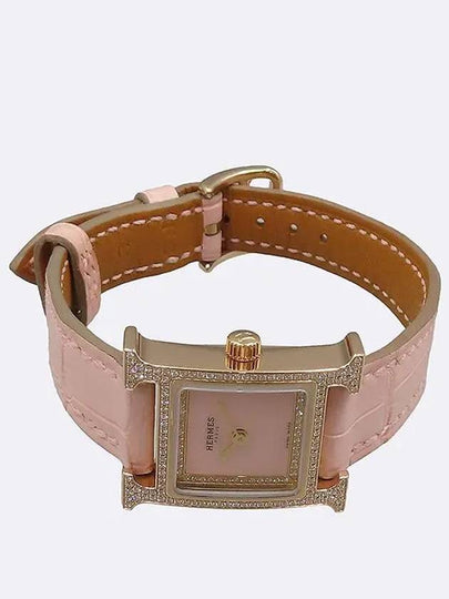 HH1 174 Rose Gold Diamond Setting H Hour Pink Alligator Leather Band Women s Watch - HERMES - BALAAN 2