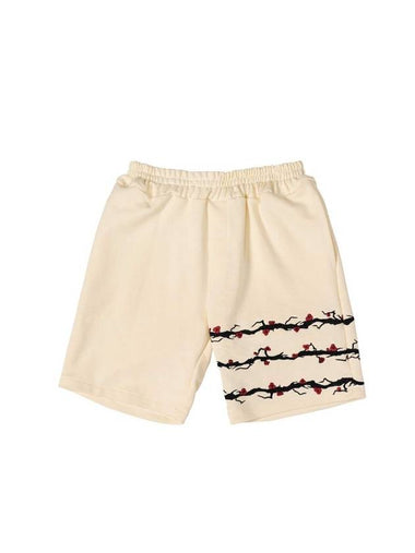 3-Line Plum Blossom Embroidery Training Shorts Beige - ASIHA - BALAAN 1