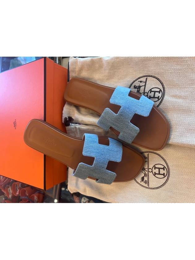 Oran Denim Leather Sandals Blue - HERMES - BALAAN 2