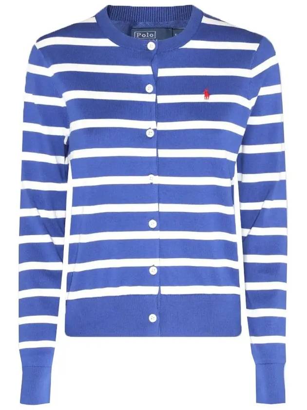 Embroidery  Logo Striped Crew Neck Cardigan Blue - POLO RALPH LAUREN - BALAAN 3