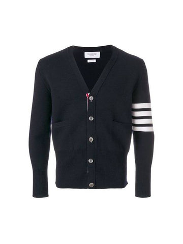 4-Bar V Neck Wool Cardigan Navy - THOM BROWNE - BALAAN 1