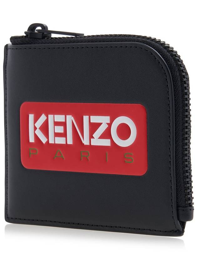 Logo Zipper Calf Leather Card Wallet Black - KENZO - BALAAN 3