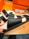 Chypre Shearling Calfskin Sandals Beige Black - HERMES - BALAAN 4