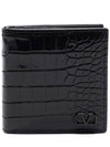 V Logo Crocker Effect Half Wallet Black - VALENTINO - BALAAN 1