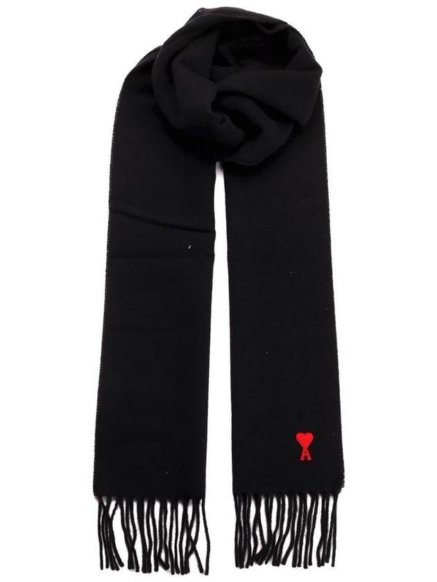 Small Heart Logo Wool Scarf Black - AMI - BALAAN 1