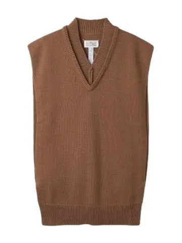 Layered detail V neck sweater camel knit - MAISON MARGIELA - BALAAN 1