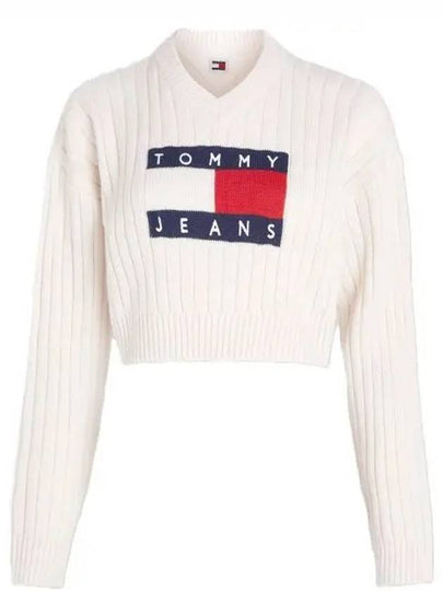 Flag V neck cropped knit top ancient white - TOMMY HILFIGER - BALAAN 2