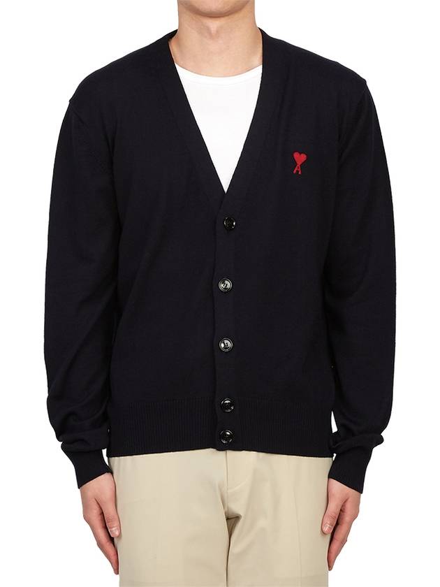 Red Heart Logo Merino Wool Cardigan Navy - AMI - BALAAN 2