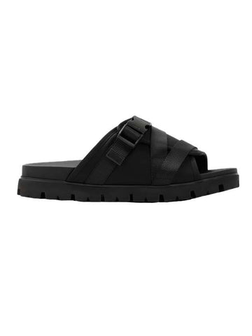 logo buckle strap slippers black - PRADA - BALAAN.