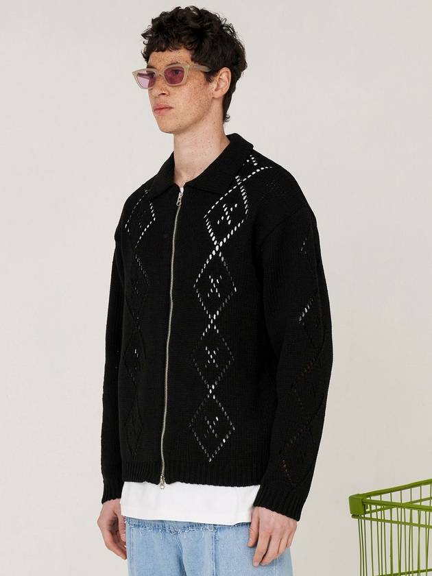 Argyle Zipper Knit Cardigan Black - UNALLOYED - BALAAN 3