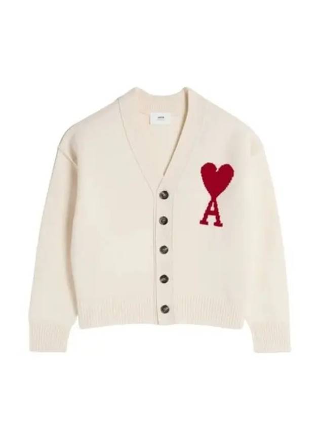 Heart Logo V Neck Wool Cardigan Off White - AMI - BALAAN 2