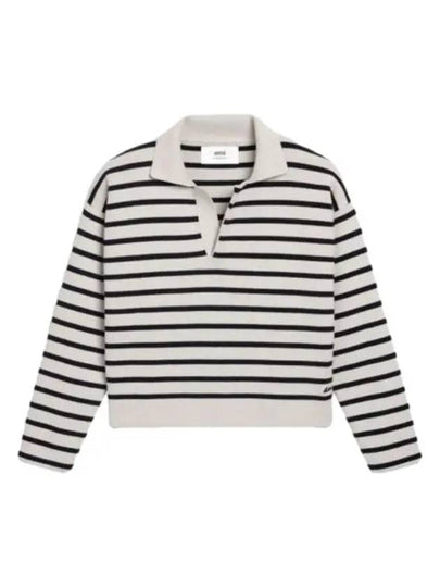 Embroidery Logo Sailor Stripe Polo Knit Top Black White - AMI - BALAAN 2