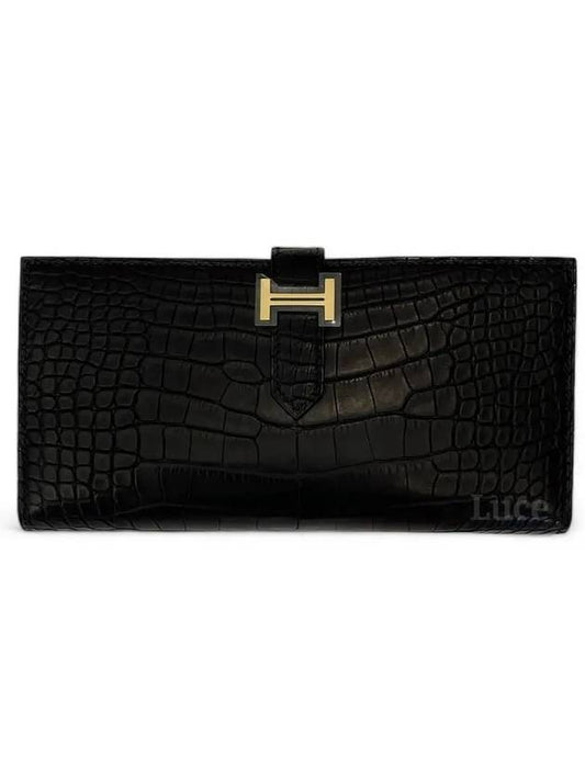 Bean leather long wallet crocodile wani black gold plated - HERMES - BALAAN 1