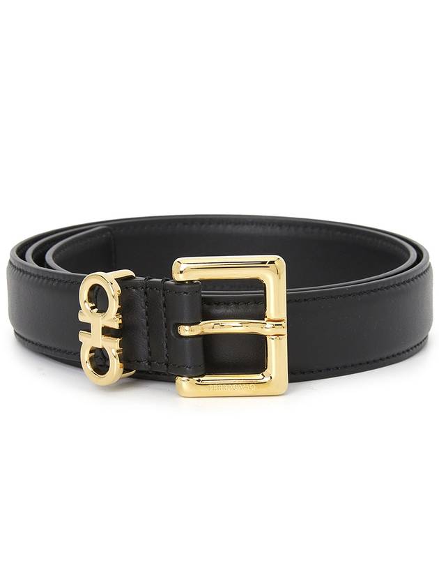 Double Gancini Leather Belt Black - SALVATORE FERRAGAMO - BALAAN 2