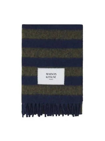 Logo Patch Stripe Wool Muffler Blue Green LM06202WA0019 - MAISON KITSUNE - BALAAN 1