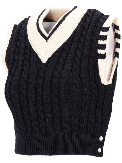 CLASSIC BABY CABLE STITCH CROPPED V NECK PULLOVER VEST IN MERINO WOOL W/ 4 BAR STRIPE - THOM BROWNE - BALAAN 2