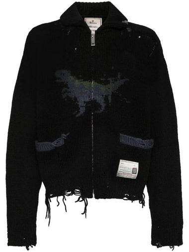 Dinosaur Intarsia Distressed Cardigan Black - MAISON MIHARA YASUHIRO - BALAAN 1