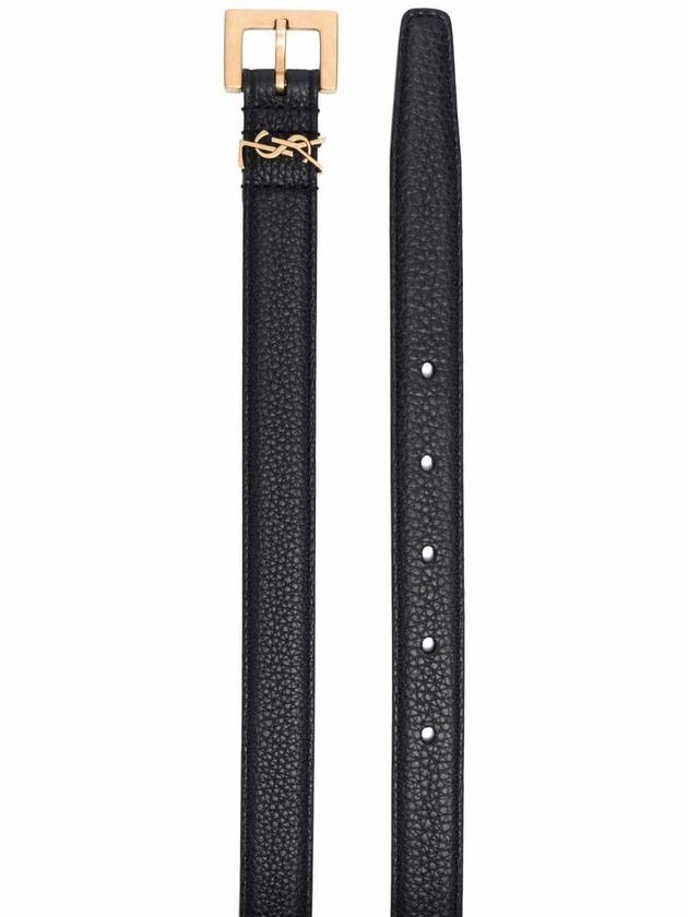 Cassandre Grained Leather Square Buckle Thin Belt Black - SAINT LAURENT - BALAAN 3