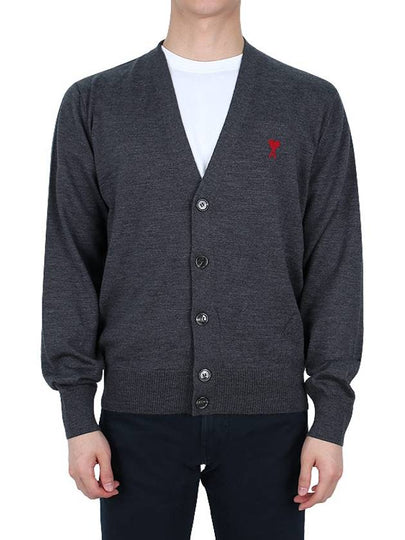 Red Heart Logo Merino Wool Cardigan Heather Grey - AMI - BALAAN 2