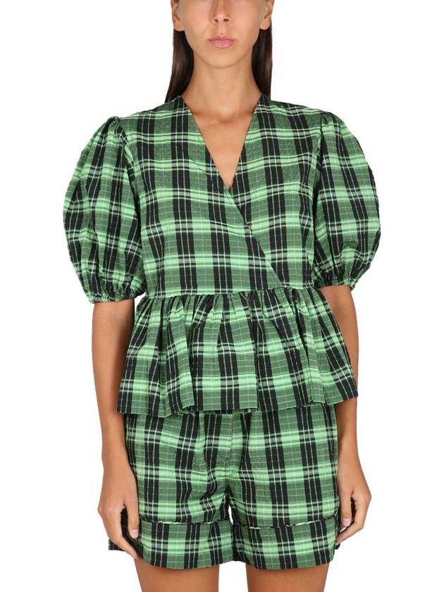 Check Wrap Blouse Green - GANNI - BALAAN 2