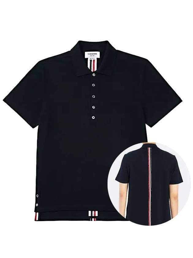 Men's Cotton Pique Center Bag Striped Short Sleeve Polo Shirt  Navy - THOM BROWNE - BALAAN 2