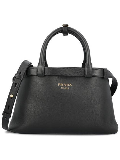 Double Belt Buckle Large Leather Handles Tote Bag Black - PRADA - BALAAN 2