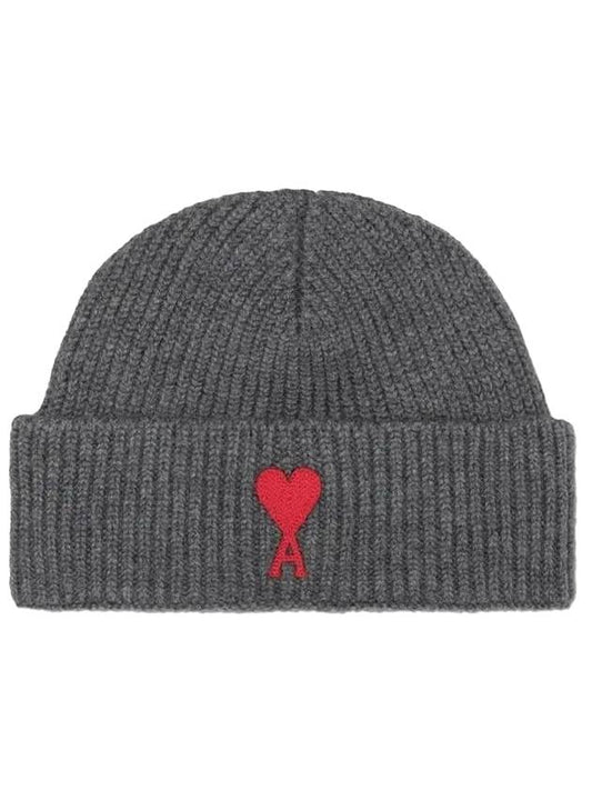 Embroidered Heart Logo Wool Beanie Grey - AMI - BALAAN 1