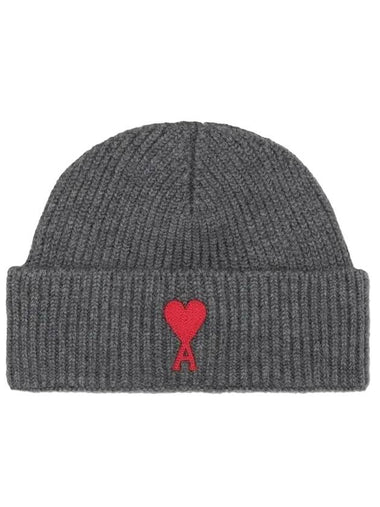 Embroidered Heart Logo Wool Beanie Grey - AMI - BALAAN 1