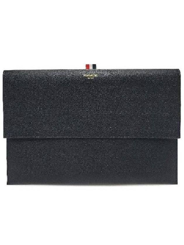 Flap Folio Pebble Leather Clutch Bag Black - THOM BROWNE - BALAAN.