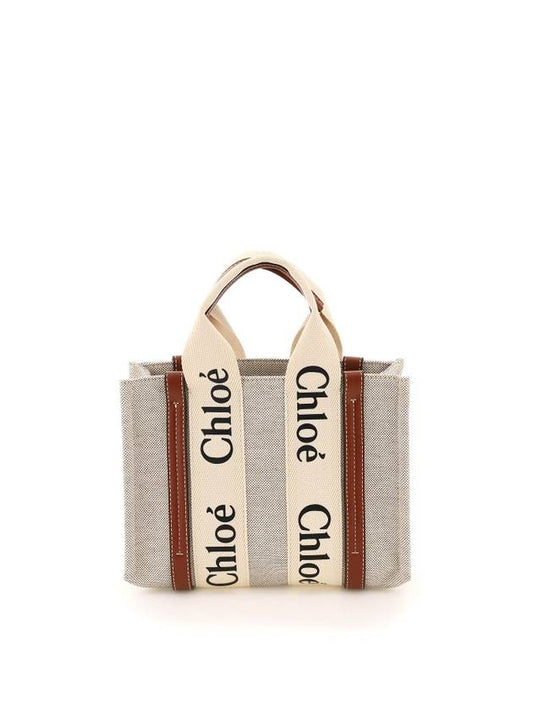 Woody Canvas Calfskin Small Tote Bag White Brown - CHLOE - BALAAN 1