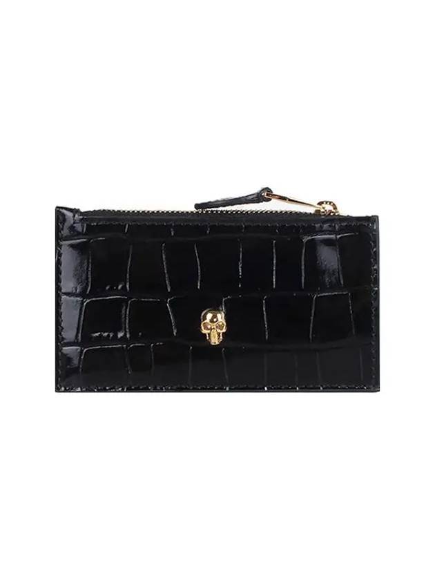 Skull Crocodile Embossed Zipper Card Wallet Black - ALEXANDER MCQUEEN - BALAAN.