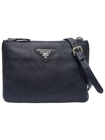 Women s 1BH011 Vitello Dino triangle logo double zipper cross bag - PRADA - BALAAN 1