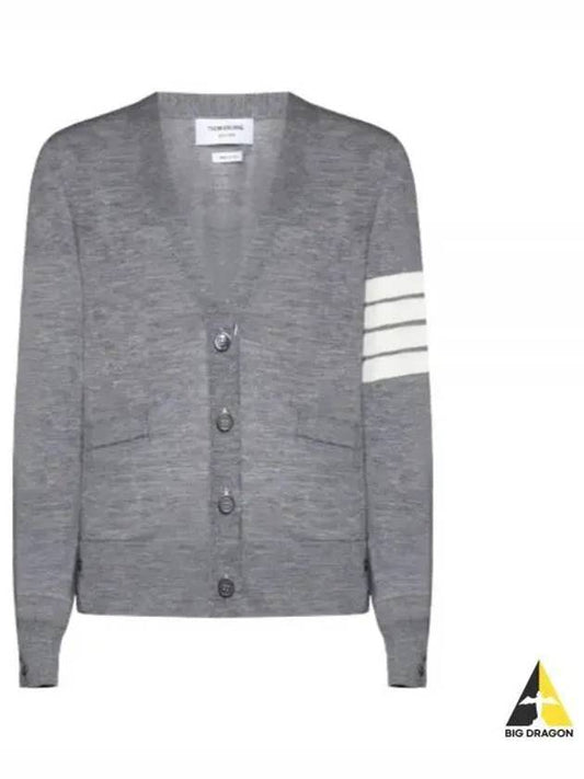 Sustainable Fine Merino Wool 4-Bar Relaxed Fit V-Neck Cardigan Light Grey - THOM BROWNE - BALAAN 2