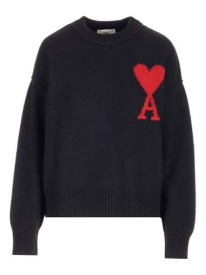 Intarsia Big Heart Logo Wool Knit Top Black - AMI - BALAAN 2