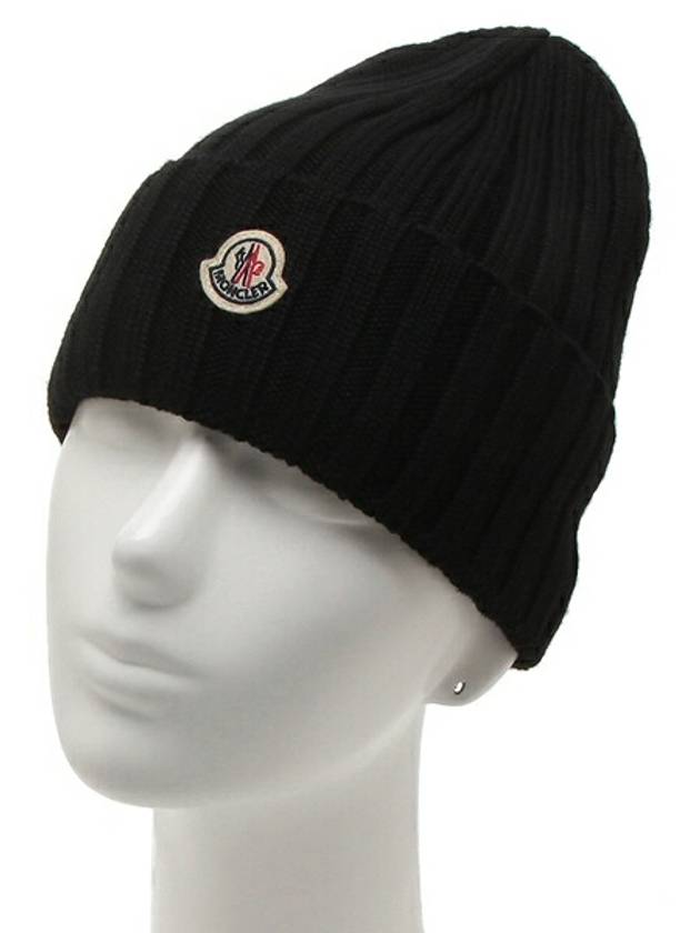 Logo Patch Wool Beanie Black - MONCLER - BALAAN 3