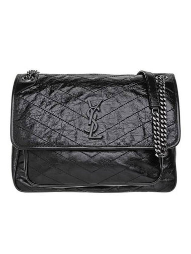 Nikki Crinkle Leather Large Shoulder Bag Black - SAINT LAURENT - BALAAN 1