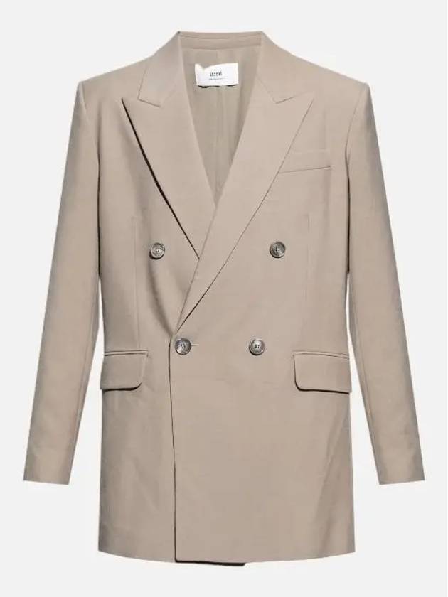 Double Breasted Virgin Wool Blazer Jacket Beige - AMI - BALAAN 4