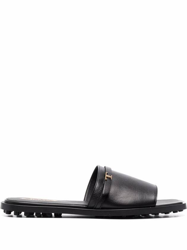 T Logo Open Toe Leather Slippers Black - TOD'S - BALAAN 1