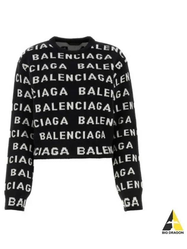 Intarsia All-Over Logo Crew Neck Knit Top Black - BALENCIAGA - BALAAN 2