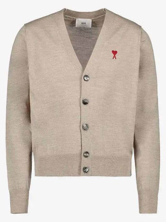 Red Heart Logo Merino Wool Cardigan Beige - AMI - BALAAN 2