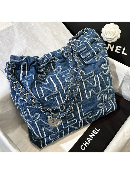 22 Bag Workshop Denim Small Two Lettering Fringe Blue - CHANEL - BALAAN 2