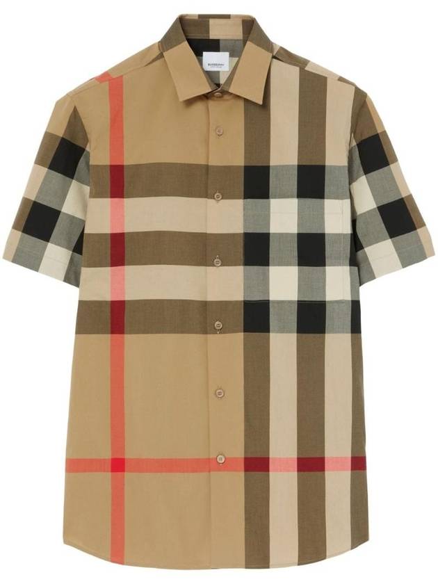 Men's Check Motif Cotton Short Sleeve Shirt Beige - BURBERRY - BALAAN 1