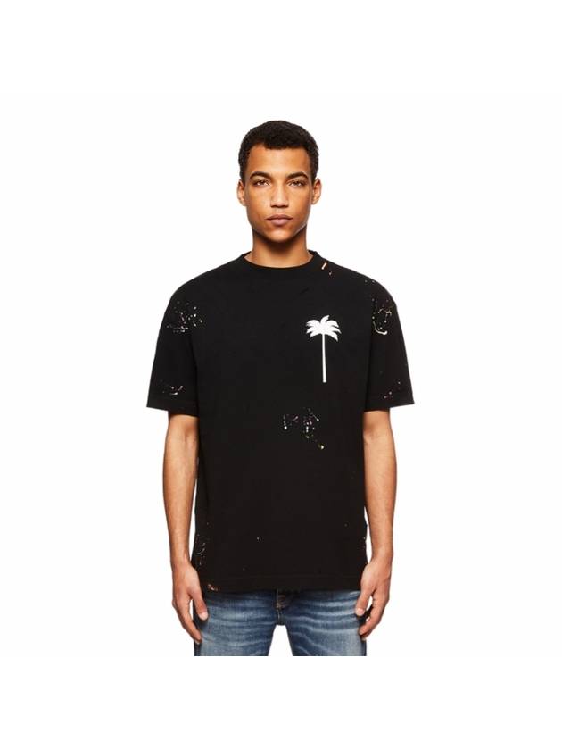 Palm Tree Painted Cotton Short Sleeve T-Shirt Black - PALM ANGELS - BALAAN 2