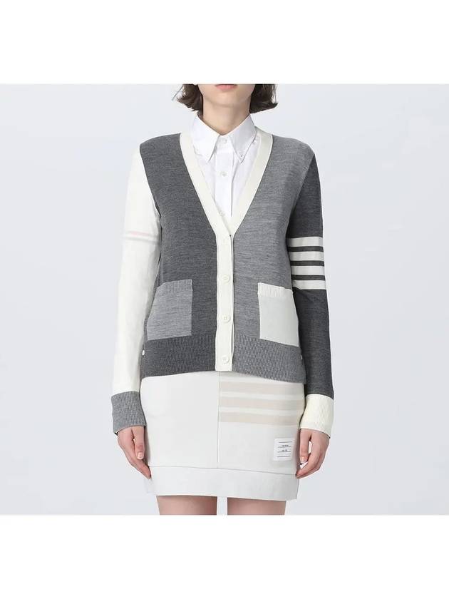 Funmix Fine 4 Bar V-neck Merino Knit Cardigan Tonal Grey - THOM BROWNE - BALAAN 4